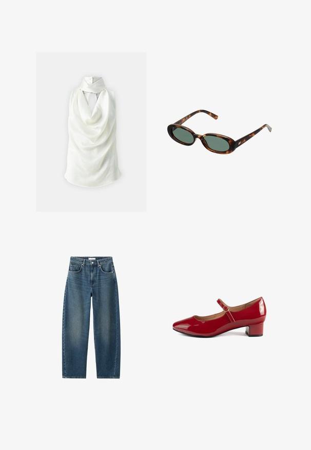 Pinko ARRAS BLUSA - Top - bianco giglio; Jeans in denim blu scuro con gamba dritta, design a cinque tasche e chiusura con bottone classica. Texture morbida con leggera scoloritura.; Scarpa Mary Jane in vernice rossa con punta arrotondata, tacco basso e bloccato, e cinturino regolabile con un piccolo dettaglio a fibbia.; Occhiali da sole tartarugati con montatura ovale e lenti verdi. Presentano aste sottili con un accento metallico vicino alle cerniere.; Borsa a tracolla gialla intrecciata con manico curvo e forma non strutturata. La superficie testurizzata presenta un motivo a incrocio.