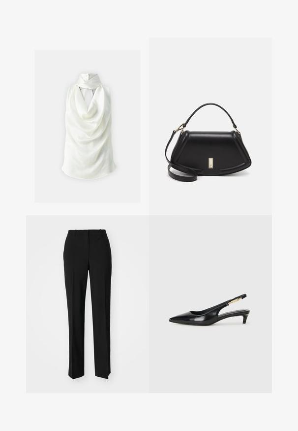 Pinko ARRAS BLUSA - Top - bianco giglio; Pantaloni neri su misura con un design a gamba dritta, caratterizzati da una texture liscia e pieghe ben definite sul davanti. Senza hardware visibile.; Tacchi slingback in pelle nera con punta affusolata, caratterizzati da un tacco alto e un accento dorato sulla cinghia regolabile. Texture liscia.; Borsa a mano in pelle nera con un design strutturato, caratterizzata da una forma corta, manico superiore e accessori in metallo dorato. Inclusa tracolla regolabile.