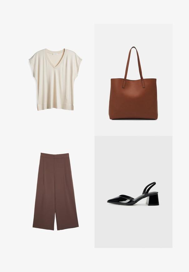 V-neck, short-sleeve top in a light beige fabric. Features ribbed neckline and side slits at the hem for ease of movement. Soft texture.; Brown wide-leg trousers with a smooth texture, featuring a high waist and front pleats. The fabric is lightweight and flows loosely.; Black patent leather slingback heels with a pointed toe and a geometric block heel. Features a sleek, minimal design and smooth texture.; Brown leather tote bag with a smooth texture, open top design, and two shoulder straps. Features minimal stitching and no visible hardware.