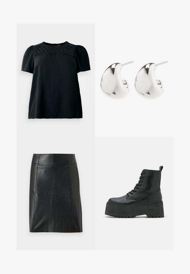 Mustmustne lühikeste varrukatega topp, millel on tekstuuriga pitspaneel ümmargusel kaelusel, lahtise lõike ja pehme kangaga. Tagumise sulgemise detail.; Mustast nahast seelik, millel on kohandatud disain. Sile tekstuur, õmblused, mis rõhutavad vormi, ja sirge äär. Minimalistlik ja stiilne välimus.; Mustad mustad kingad paksu platvormi tallaga, valmistatud siledast nahast, nööpide ja taga tõmbeauguga.; Hõbedased kõrvarõngad, millel on sile, kumer disain. Need on viimistletud poleeritud pinnaga ja neil on kinnituseks post tagasi, tagades kindla kandmise.