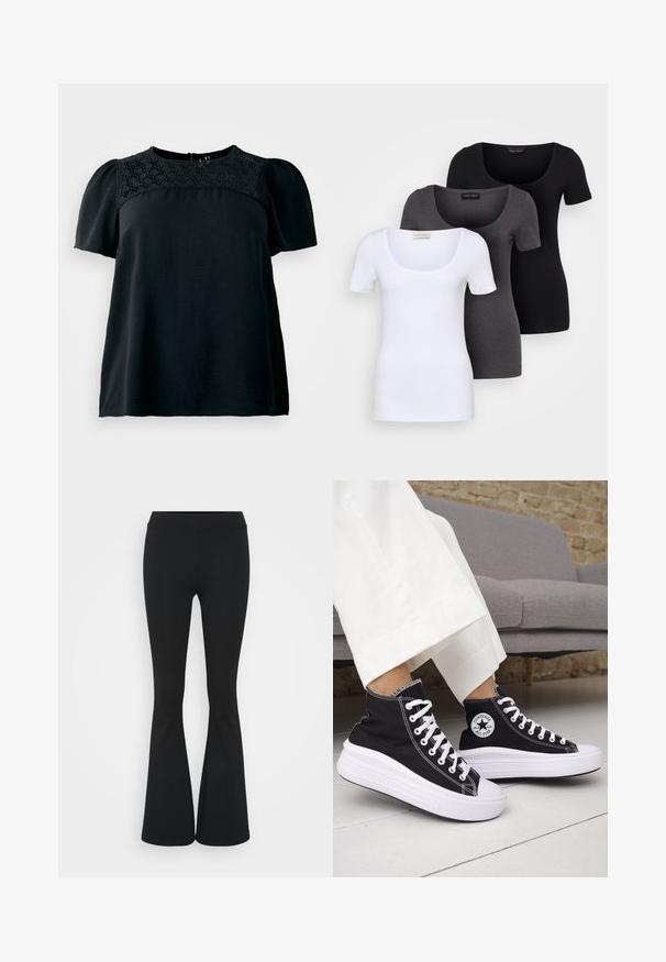 Black short-sleeve top featuring a textured lace panel on the round neckline, with a loose fit and soft fabric. Back closure detail present.; Three fitted T-shirts in white, gray, and black. Each features a wide scoop neckline and short sleeves. Made from smooth, stretchy fabric.; Black flared pants made of stretchy fabric, featuring a high waistband and a smooth texture. The pants flare out from the knee.; Black high-top sneakers with white rubber soles and laces. Features a round logo patch and contrasting white stitching. Canvas material.