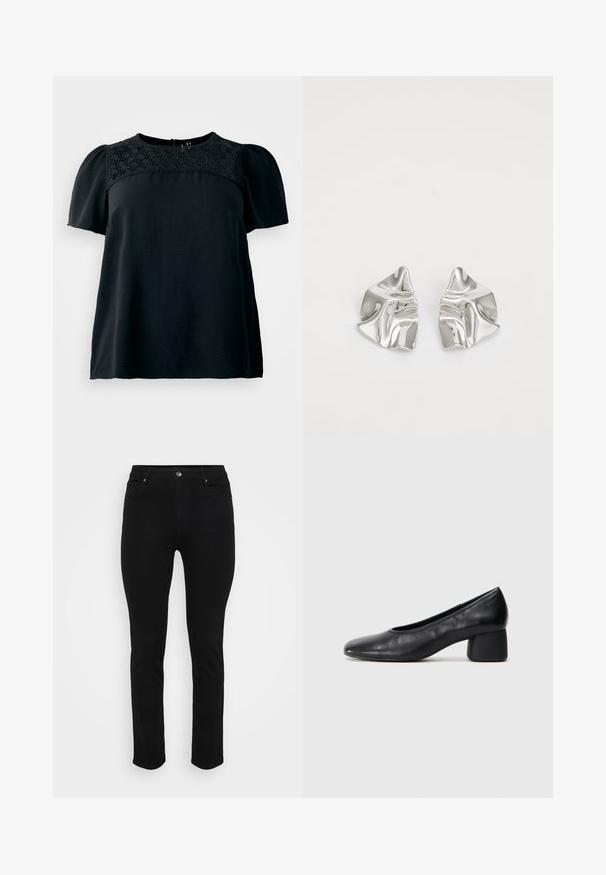 Fekete, rövid ujjú felső, kör alakú nyakrészen textúrált csipkebetéttel, lazán illeszkedő és puha anyagból készült. Hátul záródási részlet található.; Fekete farmernadrág, slim fit szabásban, öt zsebbel, elöl gombos zárással és enyhe rugalmassággal a kényelem érdekében. Simaság, lapos textúra minimális részletezéssel.; Fekete bőr magassarkú cipő, lekerekített orral és közepes blokk sarkú. Simább textúrájú, minimális díszítéssel, finom elasztikus nyílással.; Ezüst fém fülbevalók hullámos, szobrászati kialakítással, fényes felülettel és szabálytalan formákkal, amelyek a kortárs esztétikát hangsúlyozzák.
