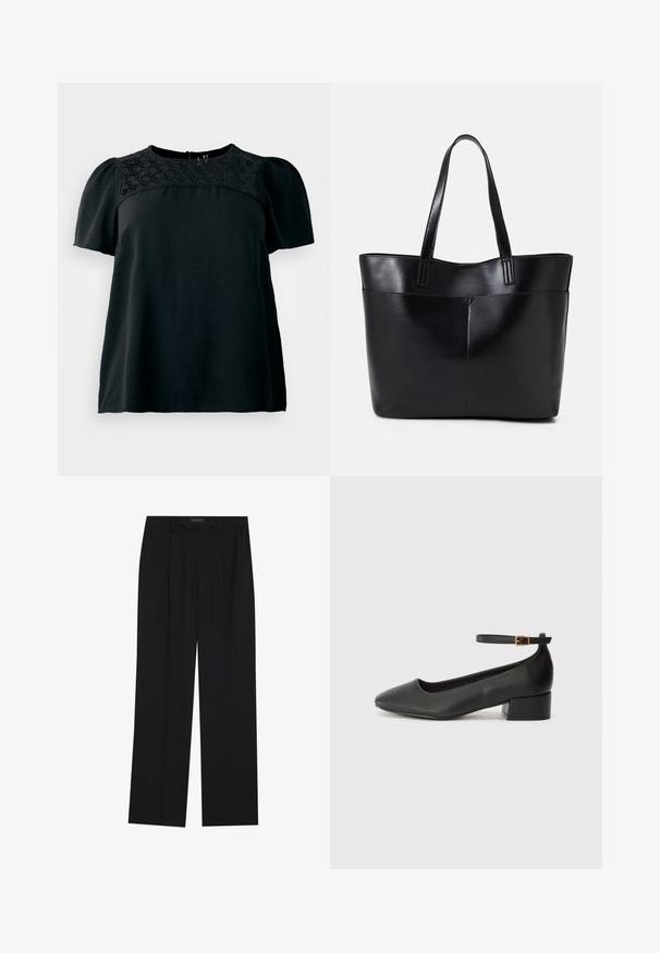 Zwarte top met korte mouwen, voorzien van een textuur kantpaneel op de ronde halslijn, met een losvallende pasvorm en zachte stof. Achterkant met sluitdetail.; Zwarte broeken met een rechte pijpontwerp, voorzien van twee voorkanten zakken en een tailleband. Gemaakt van een gladde, lichte stof.; Zwarte leren pump met een spitse neus en een lage blokhak. Beschikt over een enkelband met een goudkleurige gespsluiting. Gladde textuur.; Zwarte leren tote bag met twee lange handvatten, een zachte textuur en een gestructureerde vorm. Voorzien van een voorvak voor extra opslagruimte.