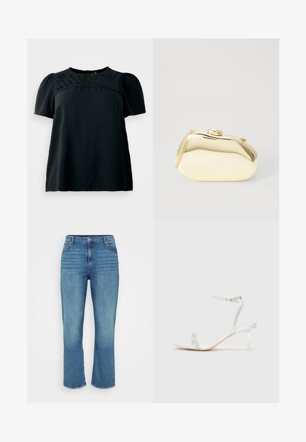 Fekete, rövid ujjú felső, kör alakú nyakrészen textúrált csipkebetéttel, lazán illeszkedő és puha anyagból készült. Hátul záródási részlet található.; Világoskék farmernadrág egyenes lábbal, öt zsebbel, övhurkokkal és finom fakulással az elején.; Ezüst sarkú szandál átlátszó pánttal és dekoratív gyöngyökkel díszített pánttal. Nyitott orrú kialakítás, fényes felület és vékony, átlátszó sarok.; Fémes arany színű kistáska sima, lekerekített formával, tetején gombos záródással és kis láncfogóval a hordozáshoz.