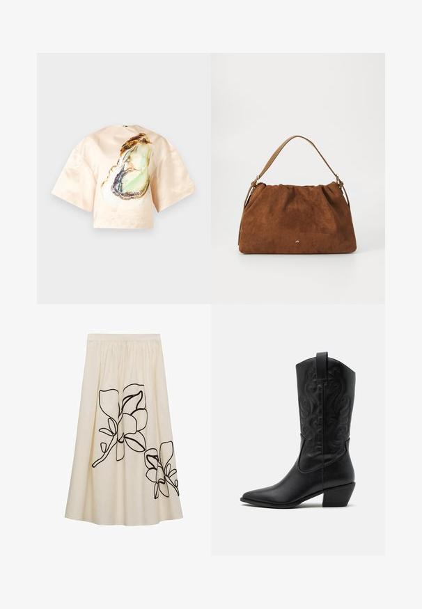 Hedvábna blúzka v svetlo broskyňovej farbe s veľkým ústricovým motívom vpredu, krátkymi širokými rukávmi a okrúhlym výstrihom. Hladká textúra.; Sukňa v krémovej farbe s čiernym kvetinovým vyšívaním, so zberaným pásom a voľným strihom, vyrobená z ľahkého materiálu.; Čierna kožená kovbojská čižma s špicatou špičkou, embosovanými vírivými vzormi a stredne vysokým opätkom. Obsahuje pútko pre jednoduché obúvanie.; Hnedá semišová kabelka s nariaseným dizajnom, s jedným koženým remienkom v svetlohnedej farbe a jemným zlatým logom na prednej strane.