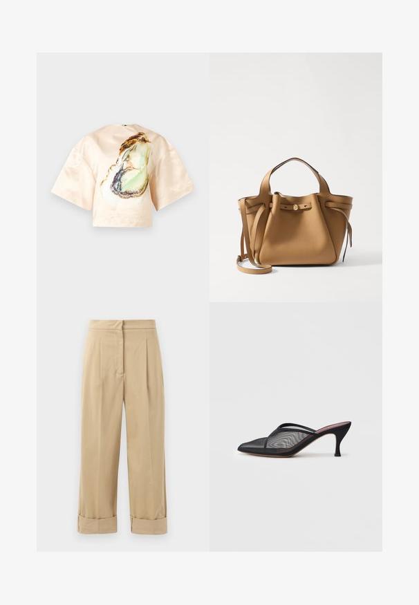 Kreemikas siidbluus, millel on ees suur austrite print, lühikesed laiad varrukad ja ümar kaelus. Sile tekstuur.; Beez, laiad jalgadega püksid kahe eesoleva voldiga, keeratud sääreotstega ja sujuva tekstuuriga. Valmistatud kergest kangast, pakkudes mugavat istuvust.; Mustad mustridest muulid terava varbaga, õhukeste rihmadega ja 3-tollise stiilse kontsaga. Omab läbipaistvat tekstuuri ja ühtlast tooni tallat.; Tory Burch ROMY PEBBLED SATCHEL - Käekott - tiramisu