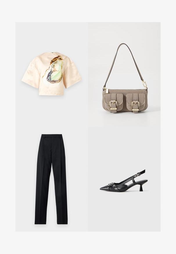 Jedwabna bluzka w jasnym brzoskwiniowym kolorze z dużym wzorem ostrygowym z przodu, krótkimi szerokimi rękawami oraz okrągłym dekoltem. Gładka tekstura.; Czarne spodnie wykonane z gładkiego materiału, z wysokim stanem, szerokimi nogawkami, fałdami z przodu i klasycznymi szlufkami na pasek. Brak widocznych kieszeni bocznych.; Czarne skórzane buty typu slingback z ostrym noskiem, ozdobnymi paskami z metalowymi oczkami oraz niskim klinowym obcasem. Teksturowana powierzchnia.; Beżowa torebka teksturowana z regulowanym paskiem, dwoma przednimi kieszeniami zabezpieczonymi klamrami oraz złotymi akcentami. Zamek błyskawiczny na górze.