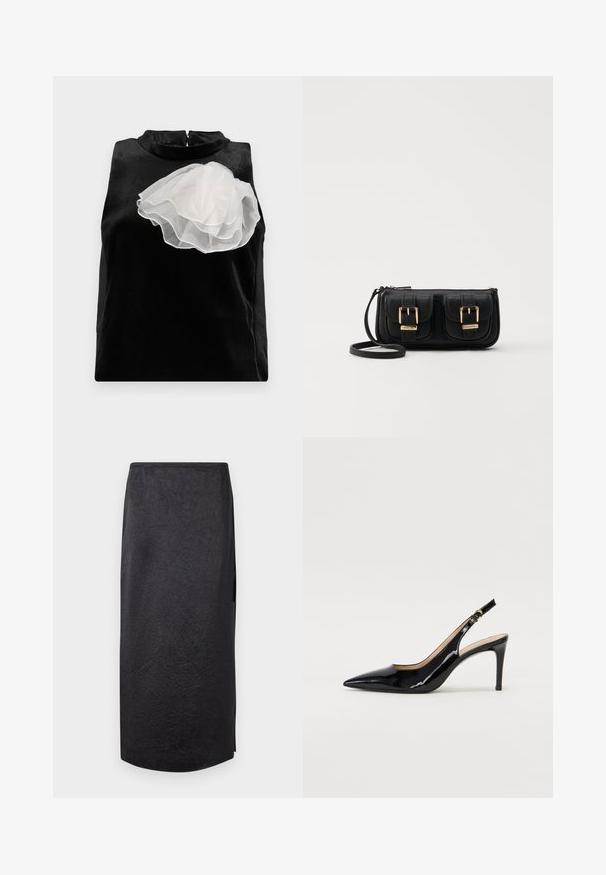 Black sleeveless top made of smooth fabric featuring a large white tulle flower accent on the left side and a high neckline with a zip closure.; Black midi skirt with a crinkled texture, straight cut, and side slit. Material appears lightweight. Hemline is slightly rounded.; Black patent leather slingback pump with pointed toe, slim heel, and a subtle cutout design. Features a gold buckle on the strap.; Black leather crossbody bag with two front pockets, gold buckles, zipper closure, and a slim strap. Textured surface and compact rectangular shape.