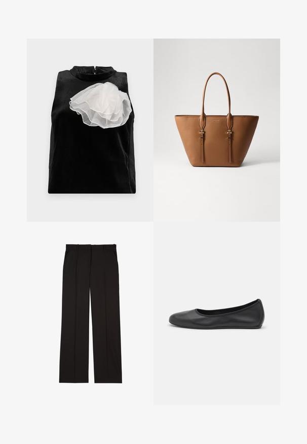 Fekete ujjatlan felső sima anyagból, amelyen egy nagy fehér tüll virág díszítés található a bal oldalon, valamint magas nyakkivágás és cipzáras záródás.; Fekete, sima anyagból készült, szabott nadrág, egyenes vonalú szabással és két oldalsó zsebbel. Elegáns és minimalista kialakítás.; Fekete bőr balettcipő lekerekített orral, sima tekstúrával, minimális varrással és rugalmas talp kialakítással.; Barna bőrtáska texturált felülettel, csepp alakú dizájnnal, két strapabíró fogantyúval és dekoratív aranyszínű hardware kiegészítőkkel.