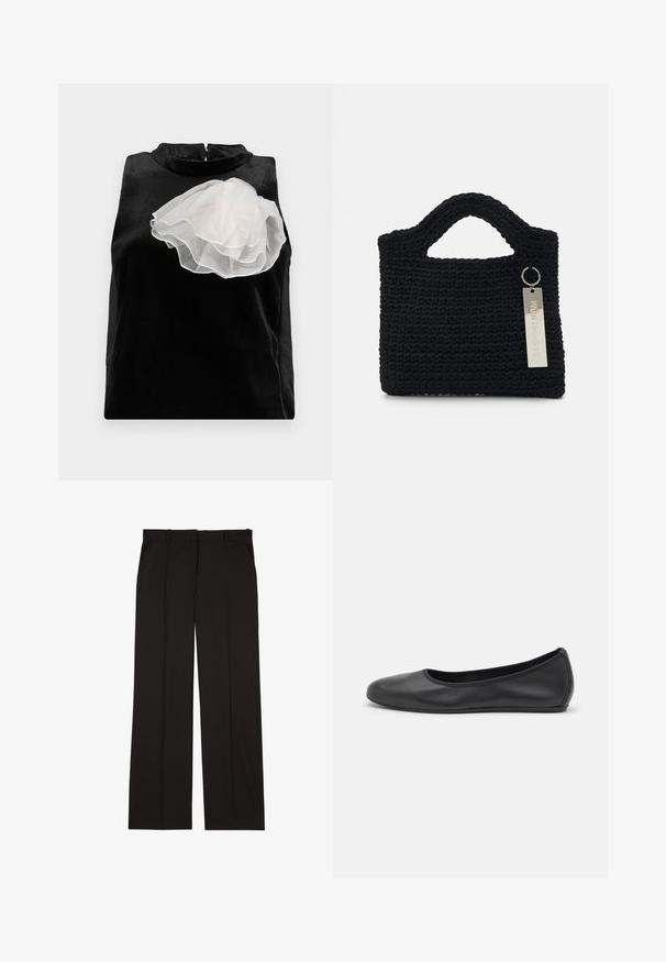 Must värvitu ilma varrukateta topp, mis on valmistatud sileda kangaga ja millel on vasakul küljel suur valgest tüllist lilledetail ning kõrge kaelusega lukuga kinnitus.; Mustad kohandatud püksid sujuvast kangast, sirge jala disainiga ja kahe küljetaskuga. Elegantne ja minimalistik ehitus.; Musthave mustika tantsutossud mustast nahast, ümmarguse varbaga, siledast tekstuurist, minimaalse õmblusdetailiga ja paindliku tallakujundusega.; Won Hundred MARSIELLE COMPUTER BAG UNISEX - Sülearvutikott - black