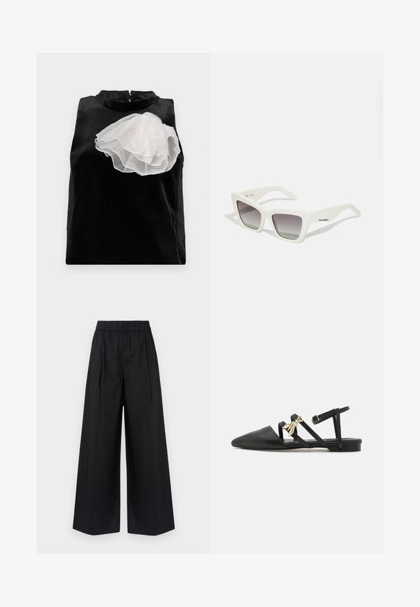 Must värvitu ilma varrukateta topp, mis on valmistatud sileda kangaga ja millel on vasakul küljel suur valgest tüllist lilledetail ning kõrge kaelusega lukuga kinnitus.; Mustad laiad mustad püksid, mis on valmistatud siledast kangast, millel on elastne vöökoht ja puuduvad nähtavad taskud või riistade detailid.; Mustad mustad kingad terava varbaga, valmistatud siledast nahast. Omavad ristsuunalisi rihmasid ja kaunist kuldset mesilase võlu.; Valged ülemõõdulised prillid mattviimistlusega, nurgelise disainiga, gradienthallide objektiividega ja tagasihoidliku brändinguga varsil.