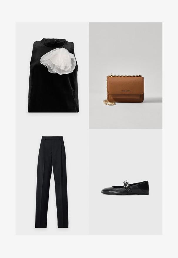 Top nero senza maniche realizzato in tessuto morbido, caratterizzato da un grande accento di fiori in tulle bianco sul lato sinistro e un colletto alto con chiusura a zip.; Pantaloni neri realizzati in tessuto morbido, caratterizzati da vita alta, gambe larghe, pince frontali e classiche passanti per cintura. Non ci sono tasche laterali visibili.; Ballerine in pelle nera con punta appuntita, dotate di una fascia con una fibbia metallica circolare e suola piatta.; Borsa a tracolla in pelle marrone con texture, dotata di catena dorata e chiusura a pattina. Sul davanti presenta un dettaglio con logo e una tasca sotto la pattina.