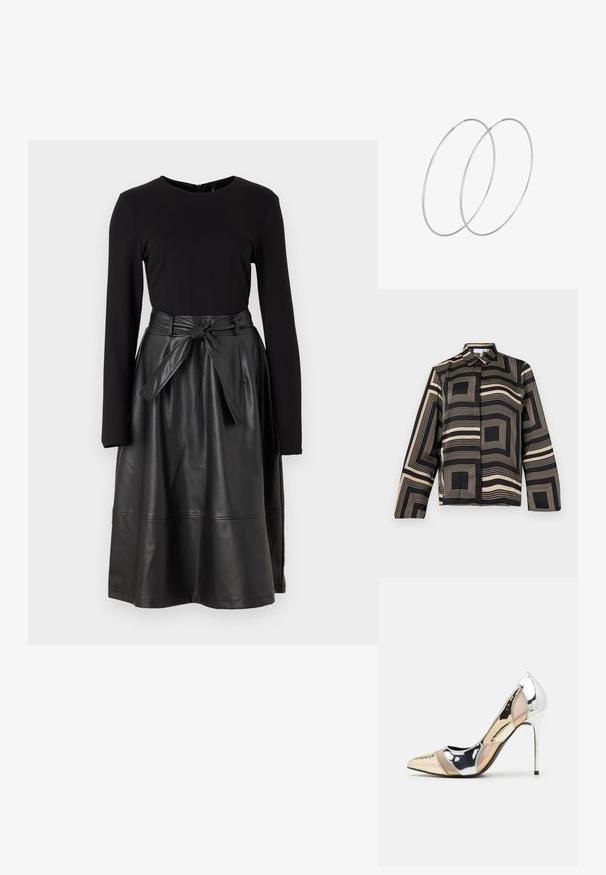 Camisa negra y beis con un patrón geométrico, con mangas largas, un cuello y un corte holgado de tela suave y brillante.; Top negro de manga larga combinado con una falda negra de cuero sintético, con una cintura atada y una textura suave y brillante.; Zapato de tacón alto con punta afilada en una combinación de colores plateado, dorado y nude. Acabado brillante con diseño recortado, que presenta un tacón de aguja.; Bolsa de pouch metálica plateada con una forma suave y redondeada y un cierre en la parte superior con un nudo. Hecha de un material de imitación de cuero suave.; Pendientes de aro plateados con un diseño minimalista. Forma circular, textura suave y perfil delgado. Livianos con un acabado pulido.