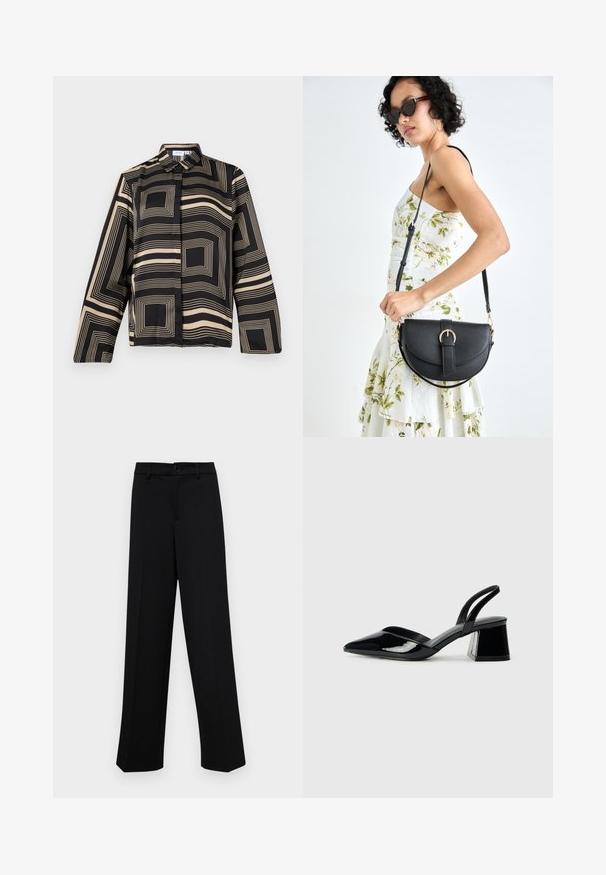 Cămașă neagră și bej cu un model geometric, având mâneci lungi, guler și o croială lejeră dintr-un material neted și lucios.; Pantaloni negri cu croi larg, dintr-un material neted, având un talie clasică cu închidere prin buton și plisuri frontale.; Pantofi cu toc slingback din piele lacuită neagră, cu vârf ascuțit și toc geometric. Prezintă un design elegant, minimalist și o textură netedă.; Geantă din piele neagră, cu o formă curbată, curea detașabilă și accesorii aurii. Geanta are un capac cu un detaliu tip cataramă.
