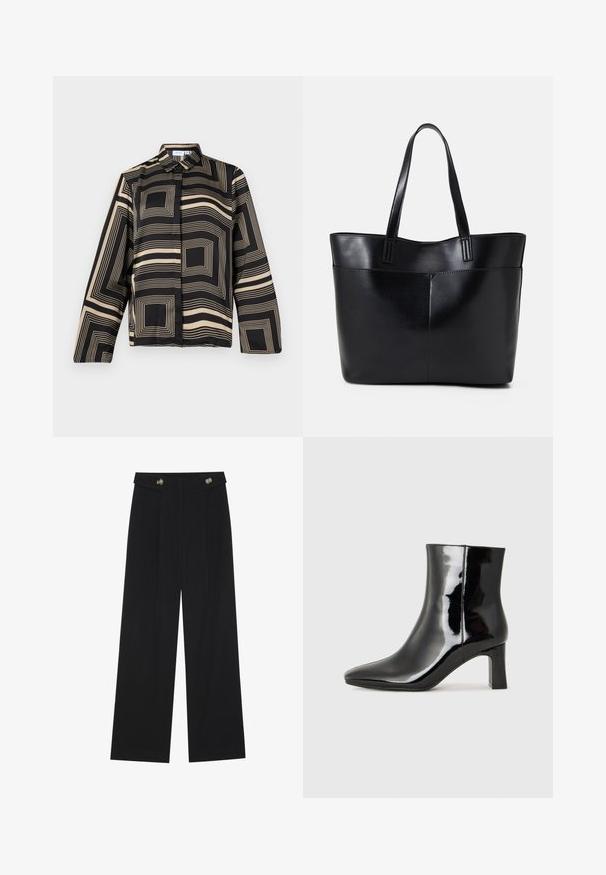Črna in bež srajca z geometrijskim vzorcem, dolgi rokavi, ovratnik in sproščen kroj iz gladkega, sijočega materiala.; Črne široke hlače s visokim pasom, gumbnimi detajli na pasu in sprednjimi gubami.; Črne lakirane gležnjarje z ošiljenim nosom in srednje visokim blokastim peto. Gladka tekstura in minimalističen dizajn.; Črna usnjena torba z dvema dolgima ročajema, gladko teksturo in strukturirano obliko. Ima sprednji žep za dodatno shranjevanje.