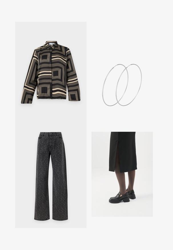 Camisa negra y beis con un patrón geométrico, con mangas largas, un cuello y un corte holgado de tela suave y brillante.; Noisy May NMJANNEL LOOSE - Vaqueros boyfriend - black denim; Zapatos de piel negra con punta redondeada, tacón grueso y bloque, y acentos elásticos en los laterales, combinados con unos pantys oscuros y una falda negra con una abertura.; Pendientes de aro plateados con un diseño minimalista. Forma circular, textura suave y perfil delgado. Livianos con un acabado pulido.