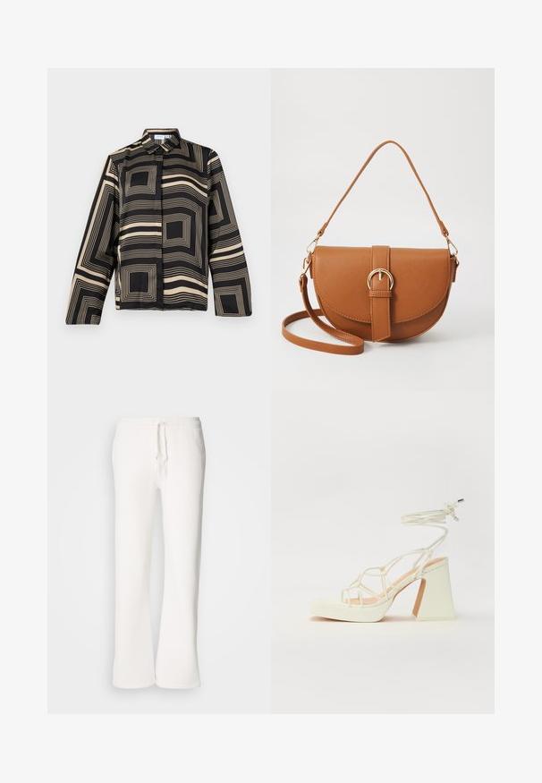 Svart og beige skjorte med geometrisk mønster, med lange ermer, krage og løs passform i glatt, glansfullt stoff.; Hvite, avslappede joggebukser laget av myk stoff, med elastisk liv med snor og rett ben-design.; Hvit høyhælte sandal med kraftig hæl, med en stroppe-design og ankelbånd. Glatt tekstur med plattform foran for ekstra høyde.; Brun lærcrossbody-veske med en buet form, gullhardware og et spenneakcent. Har en avtakbar skulderreim.