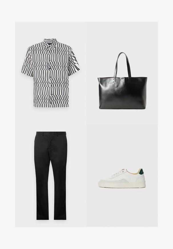 Kratki rukavi košulja na dugme u krem boji s mornarskim vertikalnim prugama, s uzorkom valova, klasičnom kragnom i regularnim krojem.; Crne pamučne hlače ravnog kroja, s prednjim zatvaranjem na dugme i bočnim džepovima, glatke teksture, bez vidljivih uzoraka.; Bijele tenisice s akcentima od antilopa, zaobljenim vrhom, ravnim vezicama i krem gumenim potplatom. Imaju zelenu oznaku na peti.; Crna glatka kožna torba za rame s dva držača, pravokutnog oblika, s suptilnim detaljima šivanja na bijeloj pozadini.