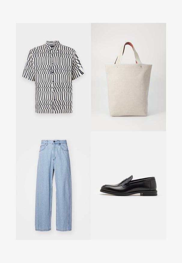 Kurzarm-Hemd in Creme mit navyblauen vertikalen Streifen, das ein Wellenmuster aufweist, klassischen Kragen und reguläre Passform.; Helle blaue Denim-Jeans im weit geschnittenen Design, mit Fronttaschen, einem Knopfverschluss und detaillierten Nähten entlang der Säume.; Schwarze Lederloafers mit glatter Textur, rundem Zehenbereich und einem dekorativen Riemen über dem Vorderfuß. Niedriger, gestapelter Absatz, minimalistisches Design.; Tote-Tasche aus hellbeigem Stoff mit strukturiertem Finish, ausgestattet mit zwei kontrastierenden braunen Ledergriffen und Metallakzenten oben.