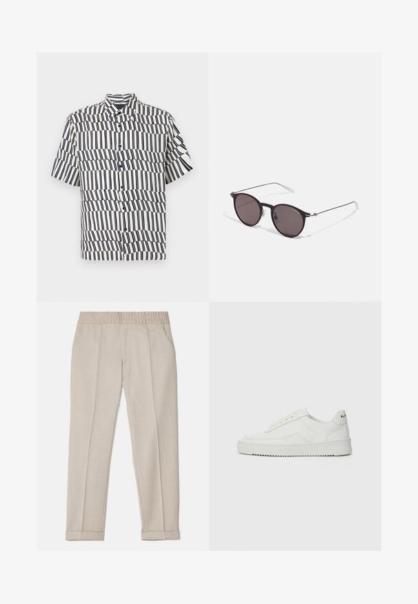 Camicia a maniche corte con bottoni di colore crema con strisce verticali blu scuro, caratterizzata da un motivo a onde, colletto classico e design a vestibilità regolare.; Filippa K TERRY CROPPED TROUSERS - Pantaloni - sage melange; Sneaker in pelle bianca con una finitura liscia, punta rotonda, lacci piatti e suola testurizzata. Presenta un logo discreto sul tallone.; Occhiali da sole neri rotondi con lenti scure e sottili bracci in metallo. Include punte trasparenti e accenti argentati alla cerniera. Design minimalista.