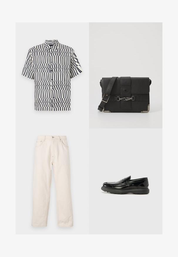 Kortærmet skjorte med knapper i cremefarve med marineblå lodrette striber, der har et bølgemønster, klassisk krave og regular fit design.; Beige lige jeans i denim med knaplukning, fem lommer og synlige syninger. Glat tekstur.; Sort læderloafer med en blank finish, rund tå, subtile syninger og en tyk gummisål for holdbarhed.; Sort læder messenger bag med en tekstureret overflade, metalhardware-accenter, justerbar rem og en klaplukning med spænde detaljer.