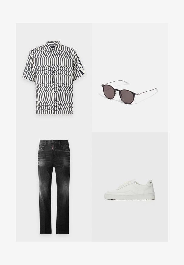 Short-sleeve button-up shirt in cream with navy vertical stripes, featuring a wave pattern, classic collar, and regular fit design.; Black denim jeans with a straight fit. Features faded areas, minor distressing, classic five-pocket design, and a button closure.; White leather sneaker with a smooth finish, round toe, flat laces, and a textured sole. Features a subtle logo on the heel.; Black round sunglasses with dark lenses and slim metal arms. Includes clear temple tips and silver accents at the hinge. Minimalist design.