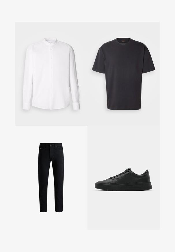 Cămașă albă cu mâneci lungi și guler în picioare, cu închidere prin butoane, dintr-un material texturat și cu o croială clasică. Fără modele sau accente vizibile.; Tricou negru cu mânecă scurtă din bumbac, cu decolteu rotund și branding discret la guler. Textură netedă și croială lejeră.; Jeans negri slim-fit cu cinci buzunare, închidere cu nasture și bucle pentru curea, expuși pe un fundal alb.; Nike sport cu partea superioară din piele netedă, vârf rotund, sireturi plate, guler căptușit și design minimalist. Talpă din cauciuc cu un model discret de profil.