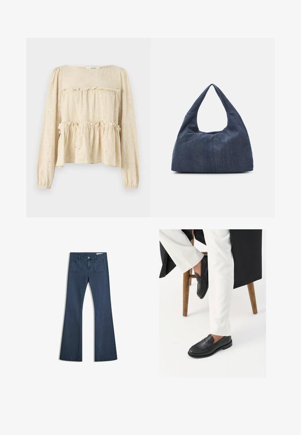 Light beige long-sleeve blouse with floral embroidery, layered ruffle detail, and elasticized cuffs, made from a textured fabric.; Dark blue flared denim jeans with stitched pockets, a button closure, and a smooth texture. Features a classic five-pocket design.; Black leather loafers with a smooth texture and a wide strap detail, worn with white tailored pants. The heel features a flat design.; Dark blue denim bag with a soft, slouchy shape, featuring a hobo-style handle and textured surface. No visible hardware accents.