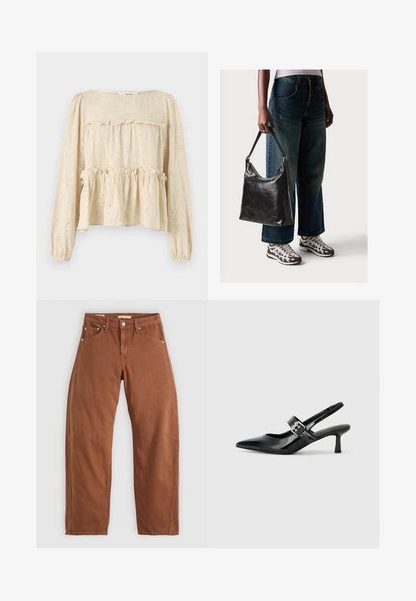 Jasnobeżowa bluzka z długim rękawem, zdobiona haftem w kwiaty, z warstwowym falbanowym wykończeniem i elastycznymi mankietami, wykonana z teksturowanej tkaniny.; Rude brązowe dżinsy o prostym kroju z kieszeniami z przodu i z tyłu, metalowymi nitami, zapięciem na guzik i pętlami na pasek, leżące płasko na białym tle.; Czarne lakierowane szpilki slingback z wąskim noskiem i małym słupkiem, z ozdobnym srebrnym klamrą na pasku.; Czarna skórzana torba na ramię o gładkiej fakturze i regulowanym pasku, w zestawieniu z wyblakłymi dżinsami typu wide-leg i sportowymi butami.