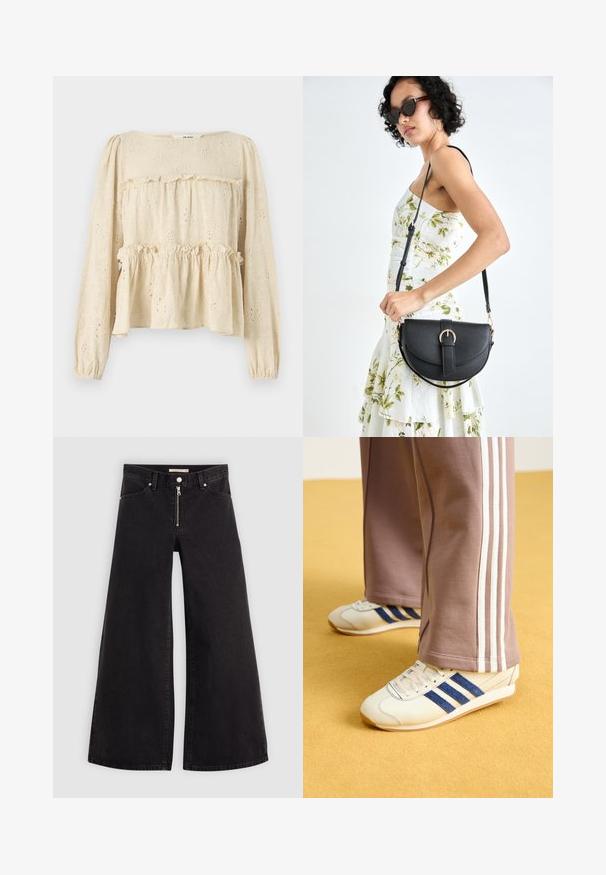 Blusa lunga beige chiaro a maniche lunghe con ricami floreali, dettagli a strati con volant e polsini elasticizzati, realizzata in un tessuto testurizzato.; Jeans a gamba larga in denim nero con chiusura a zip, design a cinque tasche e dettagli di cucitura sottili. Texture morbida e stile casual.; Sneakers crema con strisce in suede blu, lacci bianchi e suola in gomma. Abbinati a pantaloni sportivi grigi con strisce laterali bianche.; Borsa a tracolla nera in pelle con una forma curva, manico rimovibile e accessori dorati. La borsa presenta una patta con un dettaglio a fibbia.