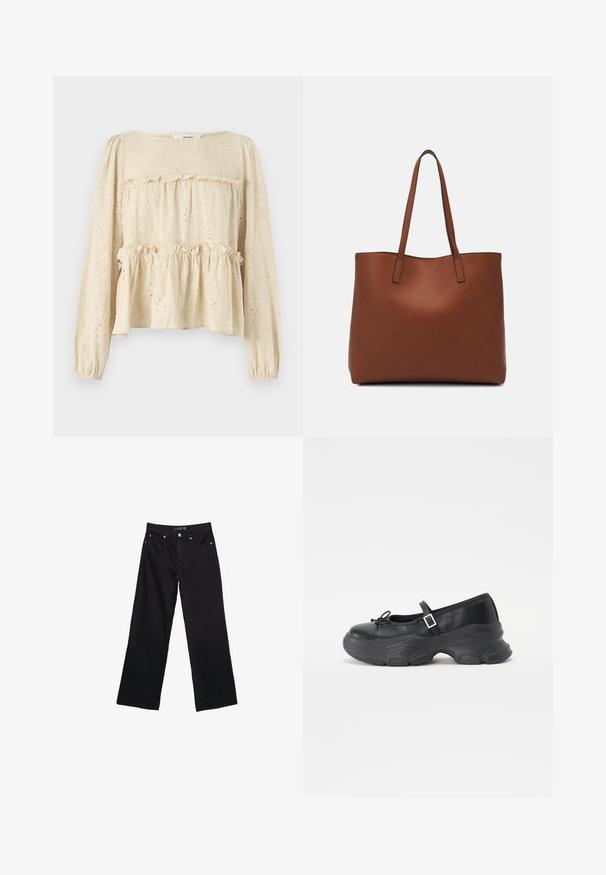 Svetle béžová blůza s dlouhým rukávem, s květinovou výšivkou, podšívkou z volánového detailu a elastickými manžetami, vyrobená z texturované látky.; Černé džínové kalhoty s širokými nohavicemi, vysokým pasem, viditelným šitím a čtyřmi kapsami. Tkanina má jemnou, hladkou texturu s minimálním leskem.; Černá kožená botička Mary Jane se zaoblenou špičkou, detailem mašle a nastavitelným páskem kolem kotníku. Disponuje chunky gumovou podrážkou s zakřivenými akcenty.; Hnědá kožená taška přes rameno s hladkou texturou, otevřeným designem a dvěma ramenními popruhy. Obsahuje minimální švy a žádné viditelné kovové prvky.