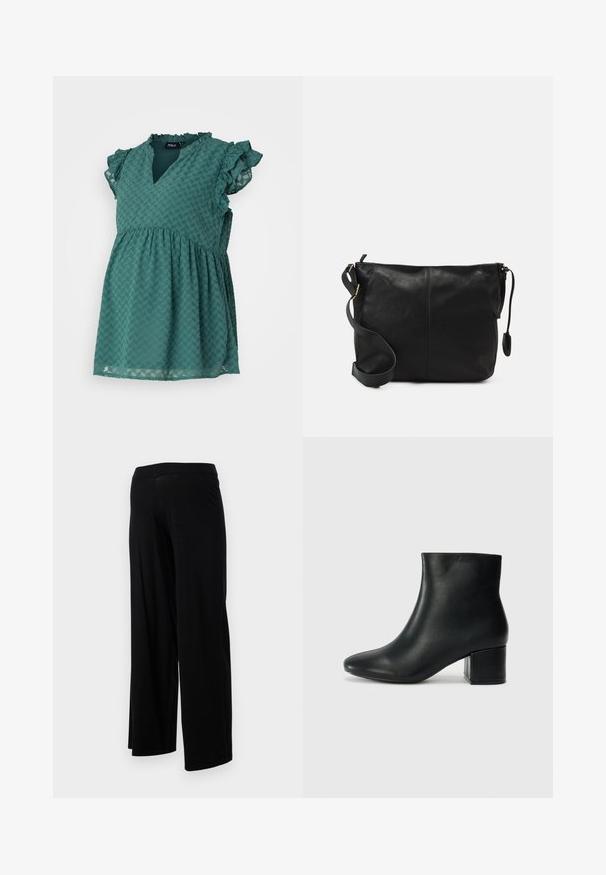 Teal dress made of textured fabric with a herringbone pattern, featuring a v-neckline and ruffled short sleeves.; Black wide-leg pants with an elastic waistband and a smooth, stretchy texture. Features a simple design, no patterns or embellishments.; Black leather ankle boots with a pointed toe and a chunky heel. Smooth texture with minimal accents and a sleek, fitted design.; Black leather crossbody bag with a flat shape, gold hardware accents, and an adjustable strap. Smooth texture with minimal stitching details.