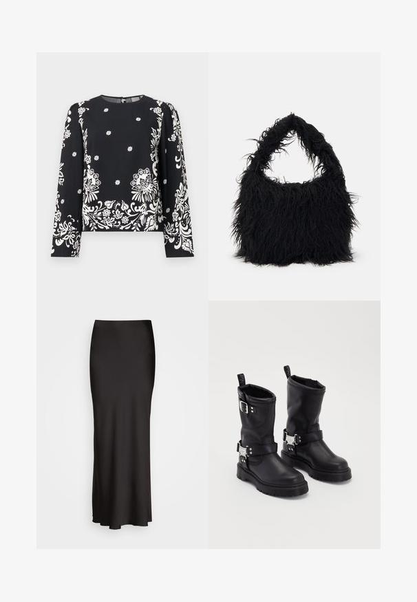 Sort langærmet top med hvidt blomsterprint, med rund halsudskæring og lynlås i ryggen. Blødt, let stof med en glat overflade.; Sort, maxiskørt i satin med en glat tekstur, tætsiddende talje og A-formet silhuet, uden synlige udsmykninger eller mønstre.; Sorte læder ankelstøvler med en robust sål, der har en sidebåndsrem og dekorativ hardware. Glat overflade med et trækstrop.; Even&Odd Shopping bags - black