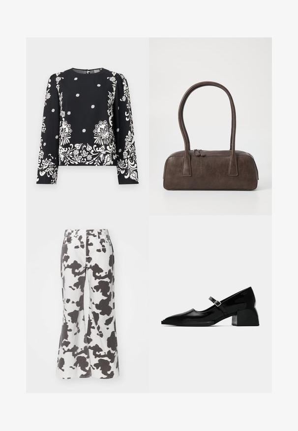 Melna garās piedurknes blūze ar baltiem ziedu rakstiem, ar apaļu kakla izgriezumu un aizmugurējo rāvējslēdzēju. Mīksta, viegla auduma ar gludu tekstūru.; Balti flared džinsi ar melnu govs rakstu. Iezīmē piecus kabatas, jostas cilpas un priekšējo pogu aizdari. Audums šķiet izturīgs.; Melna patentādā ādas Mary Jane kurpe ar smailu purngalu, regulējamu siksniņu un blokveida papēdi, piedāvā glancētu apdari un minimālistisku dizainu.; Brūna ādas rokassoma ar divām izturīgām rokturām, taisnstūra forma, gluda tekstūra un ar rāvējslēdzēju. Minimālisma dizains bez redzamām rakstzīmēm.