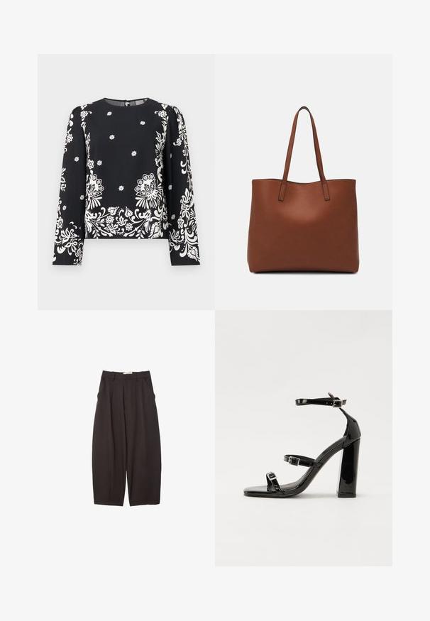 Schwarzes langärmliges Oberteil mit weißem Blütenmuster, runder Halsauschnitt und einem Reißverschluss auf der Rückseite. Weicher, leichter Stoff mit glatter Textur.; Schwarze weit geschnittene Hosen aus einem glatten Stoff, mit hoher Taille, Frontfalten und Seitentaschen. Schlichtes Design ohne Verzierungen.; Schwarze patentierte Sandalen mit Absatz, quadratischer Spitze, Knöchelriemen und silbernen Schnallen. Mit einem stabilen Blockabsatz für mehr Stabilität.; Braune Leder-Tote mit glatter Textur, offenem Oberteil und zwei Schulterriemen. Verfügt über minimale Nähte und keine sichtbaren Beschläge.