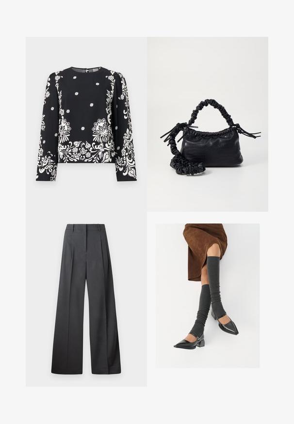 Fekete hosszúujjú felső fehér virágmintával, kerek nyakkal és hátsó cipzáras záródással. Puha, könnyű anyag, sima textúrával.; Széles szárú nadrág sötétszürke anyagból, magas derekú, egyes redőkkel, sima textúrával és tiszta befejezéssel a szegélyeken.; Fekete lakk bőrből készült, hegyes orrú cipők, tömbsarkúakkal és bokapánttal, szürke bordás lábszármelegítőkkel és barna velúr szoknyával párosítva.; Fekete műbőr kézi táska krokodil bőr textúrával, összehúzható tetejű és gyűrt pánttal. Lágy és kompakt dizájnúnak tűnik.