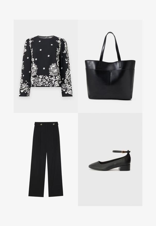 Top nero a maniche lunghe con stampa floreale bianca, dotato di scollatura rotonda e chiusura con cerniera sul retro. Tessuto morbido e leggero con una texture liscia.; Pantaloni neri a gamba larga con vita alta, dettagli con bottoni in vita e pieghe frontali.; Pump in pelle nera con punta affusolata e tacco basso a blocco. Presenta una cinghia alla caviglia con una fibbia in tonalità oro. Texture liscia.; Borsa a tracolla in pelle nera con due manici lunghi, una texture liscia e una forma strutturata. Presenta una tasca frontale per ulteriore spazio di archiviazione.