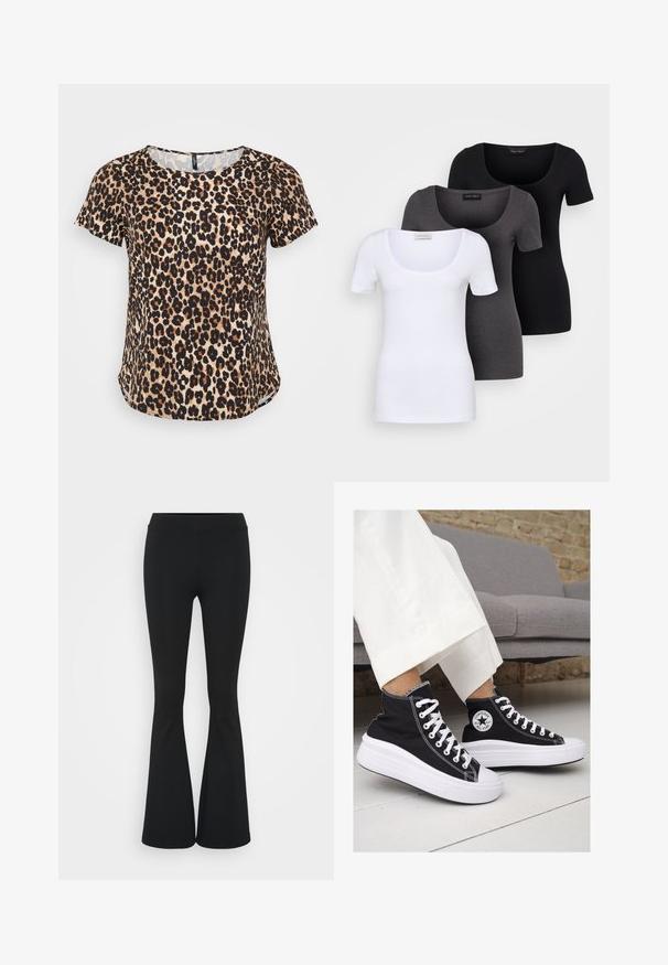 Krótki top w panterkę z krótkim rękawem, z okrągłym dekoltem i lekko zakrzywionym dołem. Wykonany z miękkiej tkaniny o teksturowanym wykończeniu.; Trzy dopasowane koszulki w kolorze białym, szarym i czarnym. Każda z nich ma szeroki dekolt w serek i krótkie rękawy. Wykonana z gładkiego, elastycznego materiału.; Czarne spódnice dzwonowe wykonane z elastycznego materiału, z wysokim stanem i gładką fakturą. Spodnie rozszerzają się od kolana.; Czarne trampki typu high-top z białą gumową podeszwą i sznurowadłami. Posiadają okrągłe logo z boku oraz kontrastujące białe szwy.