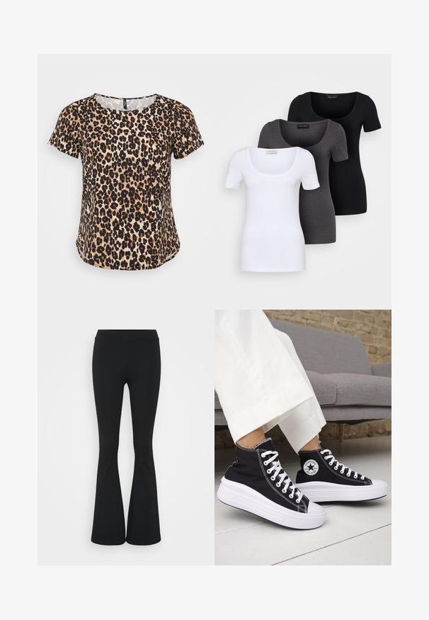 Camisola de manga curta com padrão de leopardo, apresentando um decote redondo e uma bainha ligeiramente curva. Feita de um tecido suave com um acabamento texturizado.; Três t-shirts ajustadas em branco, cinza e preto. Cada uma possui um decote amplo e mangas curtas. Feitas de um tecido liso e elástico.; Calças pretas de corte alargado feitas de tecido elástico, com uma cintura alta e uma textura suave. As calças alargam-se a partir do joelho.; Ténis pretos de cano alto com solas e atacadores em borracha branca. Apresentam um emblema redondo e costuras contrastantes em branco. Material em lona.