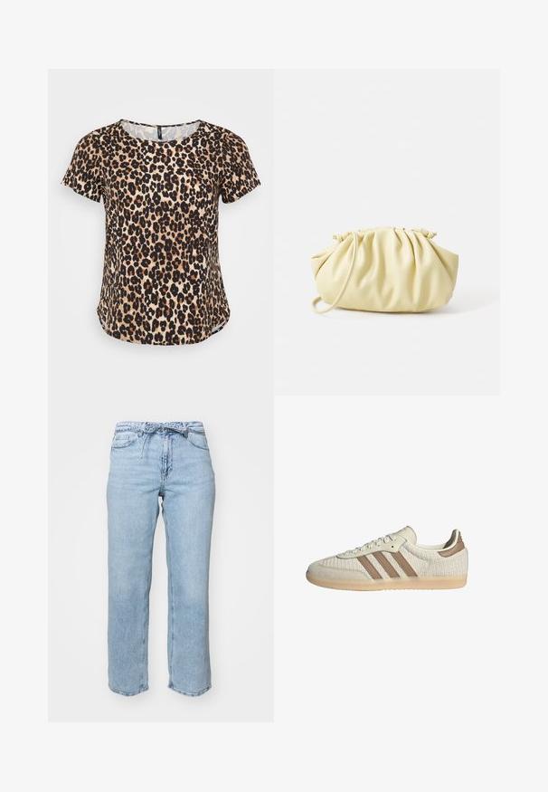 Top a maniche corte con stampa leopardata, caratterizzato da un collo rotondo e un orlo leggermente curvo. Realizzato in tessuto morbido con una finitura texture.; Jeans in denim azzurro chiaro con taglio relaxed straight-leg, cinque tasche e vita con passanti per cintura. Finitura distressed con leggera scoloritura.; Sneaker con una toma in rete traspirante di colore crema, dettagli in pelle marrone e tre strisce caratteristiche. Suola in gomma leggera con motivo testurizzato.; Borsa plissettata gialla in morbida pelle ecologica, con una forma morbida, una sola tracolla e un design superiore arricciato.