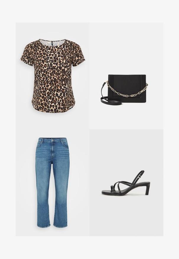 Kort mouwend T-shirt met luipaardprint, voorzien van een ronde hals en een iets gebogen zoom. Gemaakt van zachte stof met een textuurafwerking.; Lichtblauwe denim jeans met een recht model, voorzien van vijf zakken, een riemlussen en subtiele vervaging aan de voorkant.; Zwarte sandaal met bandjes, vierkante teen en een lage blokhak. Voorzien van meerdere dunne bandjes en een verstelbare enkelband. Gemaakt van zacht leer.; Zwarte leren schoudertas met een gladde textuur, rechthoekige vorm en een metallic kettingdetail aan de voorkant. Verstelbare schouderband inbegrepen.; Zilveren dubbele ring met een gladde, gepolijste oppervlakte. Heeft een vloeiende, gebogen vorm met overlappende secties voor een moderne uitstraling.