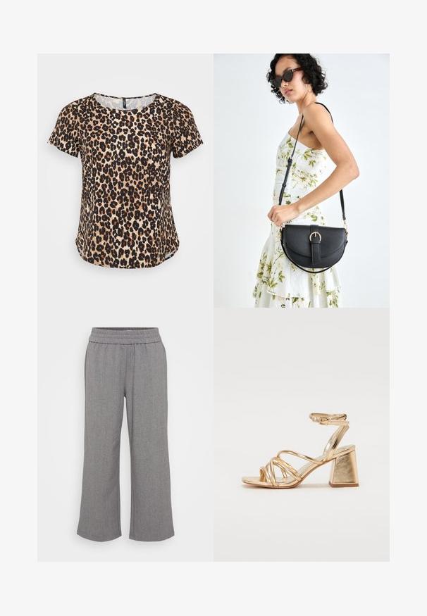 Lyhythihainen leopardikuosisin paita, jossa on pyöreä kaula-aukko ja hieman kaareva helma. Valmistettu pehmeästä kankaasta, jossa on teksturoitu pinta.; Harmaat, leveälahkeiset housut, jotka on valmistettu tekstuurimateriaalista, jossa on elastinen vyötärönauha. Ominaisuuksiin kuuluu hienovarainen kuvio ilman taskuja tai kiinnikkeitä.; Kultaiset metalliset korot, joissa on ristikkoasu, neliskanttinen tukevampi korko ja säädettävä nilkkahihna soljella. Melko sileä pinta.; Musta nahkainen käsilaukku, joka on kaareva muotoilultaan, irrotettavalla hihnalla ja kultaisilla yksityiskohdilla. Laukussa on läppä, jossa on solk yksityiskohta.