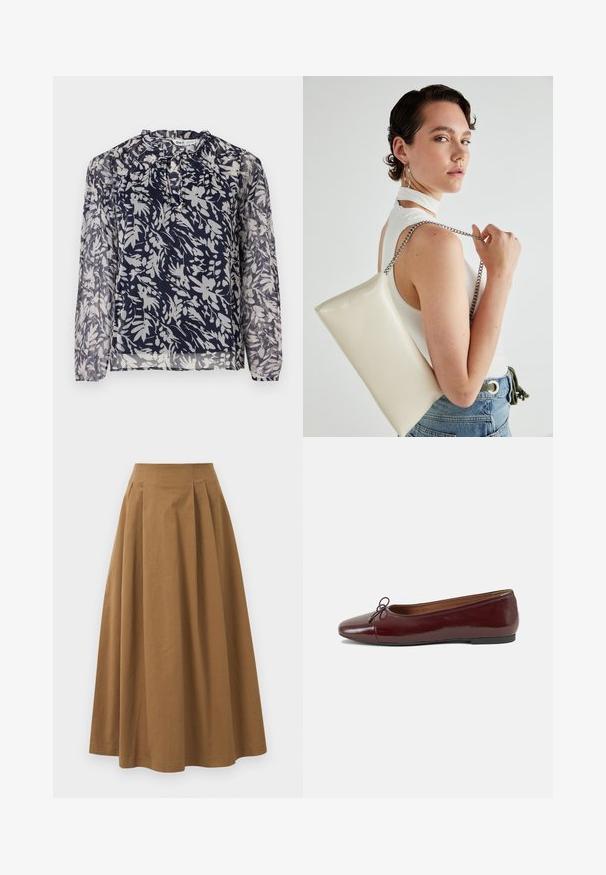 Navy blouse dengan cetakan bunga berwarna putih, dilengkapi dengan kerah berplis dan lengan panjang, berada di latar belakang putih polos.; Ruskea puuvillainen A-linjainen hame korkealla vyötäröllä, jossa on laskokset edessä ja sileä pinta. Helma on viimeistelty siististi ja yksinkertaisesti.; Burgundin värinen lakattu nahkainen ballerinatossu pyöreällä varvaskärjellä, pienen nauhan yksityiskohdalla edessä ja matalalla mustalla kumipohjalla. Sujuva pinta.; Valkoinen suorakulmainen clutch-laukku, joka on valmistettu kiiltävästä materiaalista ja jossa on hopeinen ketjuolkahihna. Malli poseeraa laukku käsivarsillaan yksinkertaista taustaa vasten.