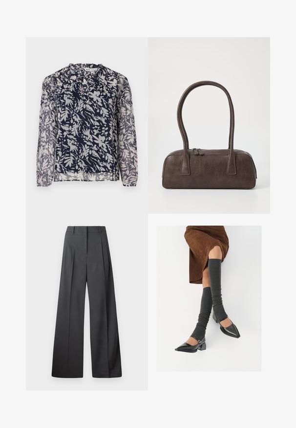 Ναυτικό μπλουζάκι με floral μοτίβο σε λευκό χρώμα, με πτυχώσεις στο λαιμό και μακριά μανίκια, σε φόντο λευκού. ; Φαρδιά παντελόνια από σκούρο γκρι ύφασμα, με ψηλή μέση, μονές πτυχές και λεία υφή με καθαρή τελείωση στις άκρες.; Μαύρες πατεν leather γόβες με αιχμηρή μύτη, τετράγωνη φτέρνα και λουράκι αστραγάλου, συνδυασμένες με γκρι ριγέ ζεστά ποδιές και καφέ σουέντ φούστα.; Καφέ δερμάτινη τσάντα χειρός με δύο ανθεκτικά χερούλια, ορθογώνιο σχήμα, λεία υφή και κλείσιμο με φερμουάρ. Μινιμαλιστικός σχεδιασμός χωρίς ορατά μοτίβα.