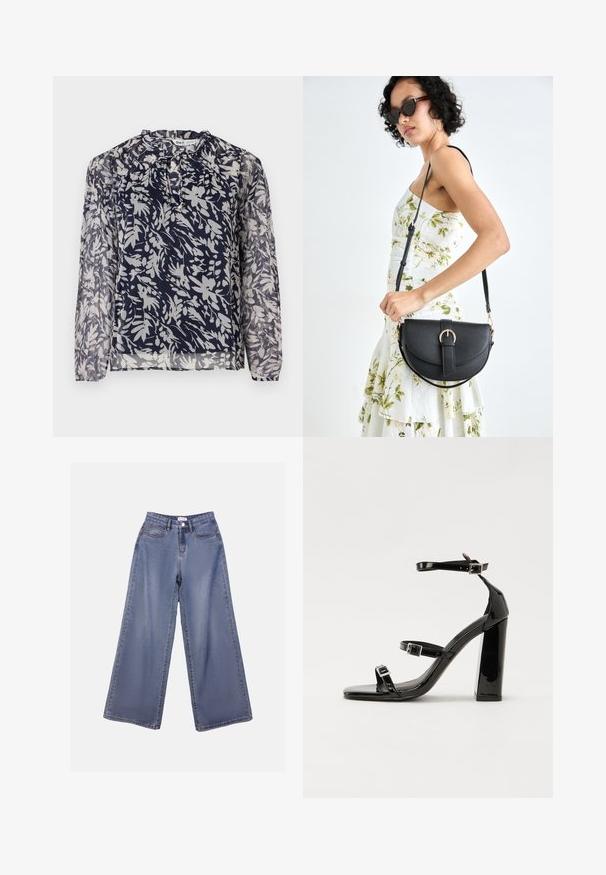 Granatowa bluzka w kwiatowy wzór w bieli, z plisowanym dekoltem i długimi rękawami, na jednolitym białym tle.; Jasnoniebieskie dżinsy o szerokich nogawkach z wysokim stanem, z kieszeniami z przodu oraz zapięciem na guziki i pętelkami na pasek.; Czarne lakierowane sandały na obcasie z kwadratowym noskiem, z paskami wokół kostki i srebrnymi klamrami. Posiadają masywny słupek dla stabilności.; Czarna skórzana torebka o zakrzywionym kształcie, z odpinanym paskiem i złotymi akcentami. Torebka posiada klapę z zapięciem w kształcie klamry.