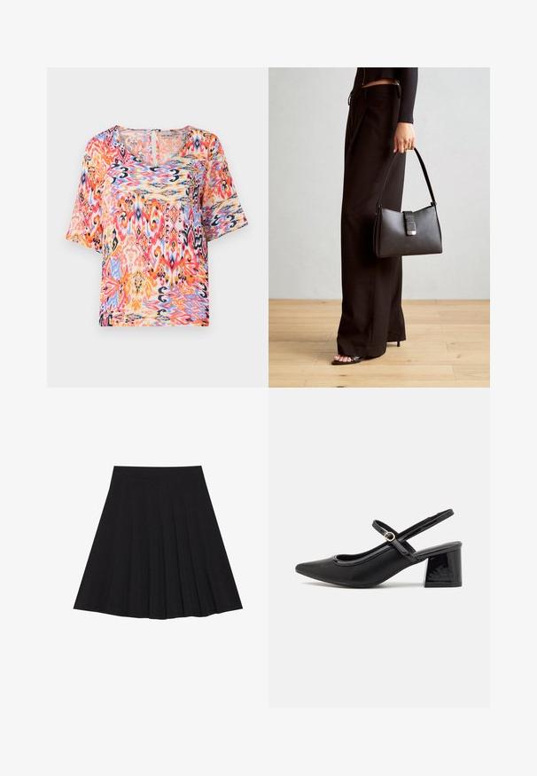 Kurzarmbluse mit einem lebhaften, mehrfarbigen abstrakten Muster in den Farbtönen Pink, Orange und Blau, gefertigt aus leichtem Stoff.; Schwarzer, plissierter Rock aus strukturiertem Stoff mit einem taillierten Bund. Fällt knielang und hat eine glatte, klare Silhouette.; Schwarze Lackleder-Slingback-Absätze mit spitzer Zehenform, einem runden Ausschnitt-Design und einem Blockabsatz. Mit einem goldfarbenen Schnallenakzent.; Schwarze Handtasche mit strukturierter Form, glatter Textur und einem metallischen Verschluss. Kombiniert mit weiten schwarzen Hosen und offenen Sandalen auf einem Holzboden.