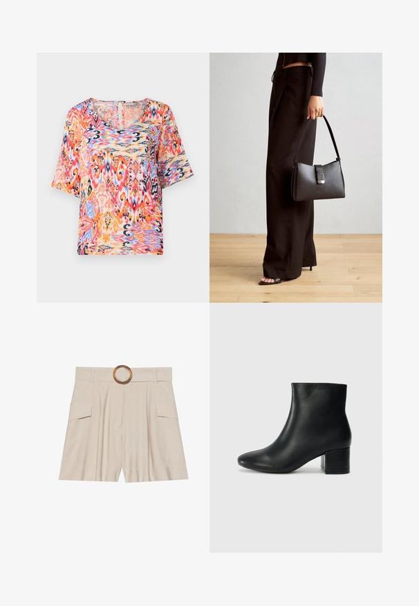 Blusa a maniche corte con un vivace motivo astratto multicolore nei toni di rosa, arancione e blu, realizzata in un tessuto leggero.; Shorts beige a vita alta con una cintura ampia e piatta, fibbia circolare in legno, davanti plissettato e due tasche laterali. Tessuto dalla texture liscia.; Stivali neri in pelle fino alla caviglia con punta appuntita e tacco spesso. Texture liscia con minimi dettagli e un design elegante e aderente.; Borsa nera con forma strutturata, texture liscia e una chiusura metallica. Abbinata a pantaloni neri larghi e sandali open-toe su un pavimento in legno.