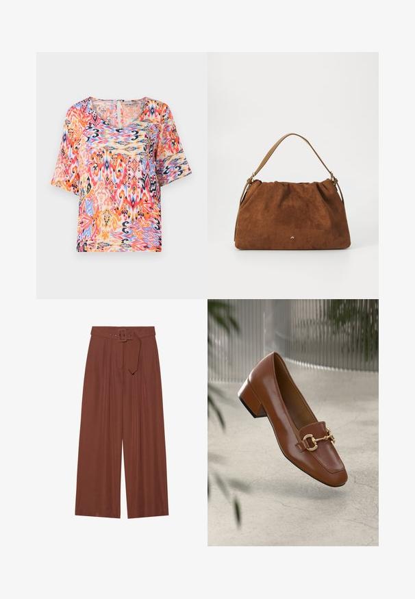 Kurzarmbluse mit einem lebhaften, mehrfarbigen abstrakten Muster in den Farbtönen Pink, Orange und Blau, gefertigt aus leichtem Stoff.; Braune Weitbeinehosen aus Stoff, mit einem Gürtel mit eckiger Schnalle, gefältetem Design und glatter Textur.; Braune Lackleder-Loafer mit quadratischer Zehenpartie, metallischem Kettenakzent und niedrigem Blockabsatz; glatte Textur, minimalistisches Design.; Braune Wildlederhandtasche mit einem gerafften Design, ausgestattet mit einem einzelnen hellbraunen Ledertragegurt und einem subtilen goldenen Logo-Detail auf der Vorderseite.