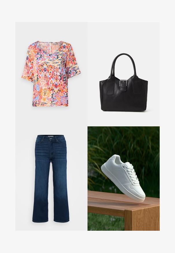 Trumpas rankovėmis bluzonas su ryškiu, daugiaspalviu abstrakčiu raštu, kuriame vyrauja rožinė, oranžinė ir mėlyna spalvos, pagamintas iš lengvos medžiagos.; ONLY Petite ONLMADISON BLUSH WIDE - Platėjantys džinsai - dark blue denim; Balti sneakeriai su lygia sintetine viršutine dalimi, perforuota pirštų zona, plokščiomis raištelėmis ir tekstūruotu padu, padėti ant medinės paviršiaus.; Juodas odinis nešiojamas krepšys su lygiu paviršiumi, struktūrine forma, dviem rankenėlėmis ir ryškiu sidabriniu sagties akcentu priekyje.