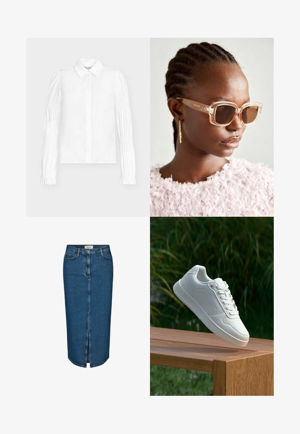 Camicia bianca con chiusura a bottoni, caratterizzata da maniche lunghe con dettagli arricciati. Tessuto liscio e colletto classico.; Gonna a tubino in denim blu scuro, con uno spacco frontale, cinque tasche e cuciture a contrasto. Vita medio-alta con un design classico.; Sneaker bianco con tomaia in sintetico liscio, punta perforata, lacci piatti e suola testurizzata, esposto su una superficie di legno.; Occhiali da sole oversize beige con montatura trasparente e lenti marroni sfumate, caratterizzati da sottili accenti floreali e un design geometrico audace.; Borsa a spalla in suede marrone con una texture morbida, caratterizzata da una singola tracolla e un'apertura superiore leggermente curvata. Nessun dettaglio hardware visibile.